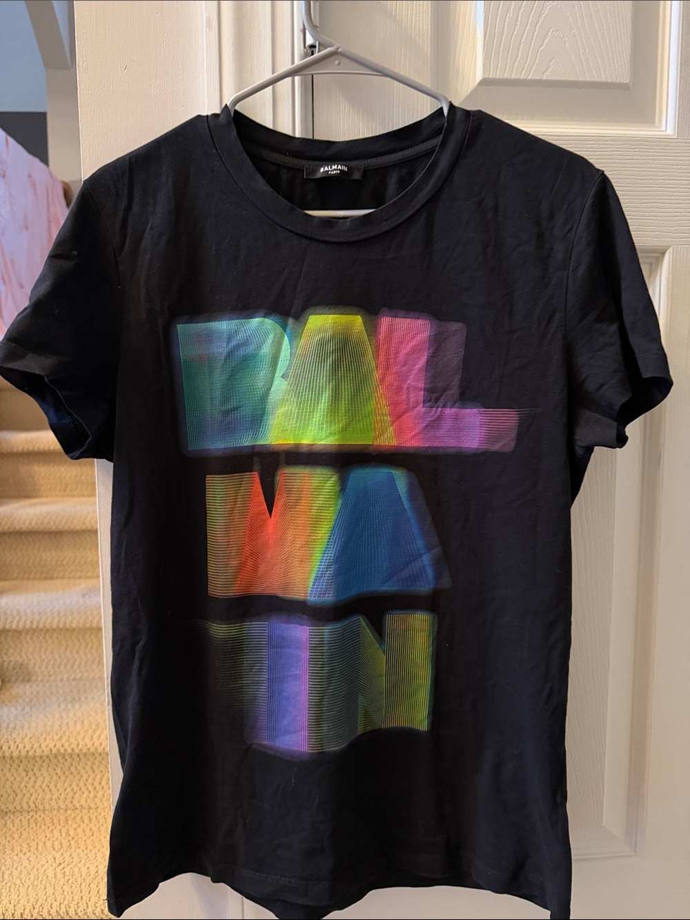 Balmain Black Short Sleeve T-Shirt with Rainbow Logo